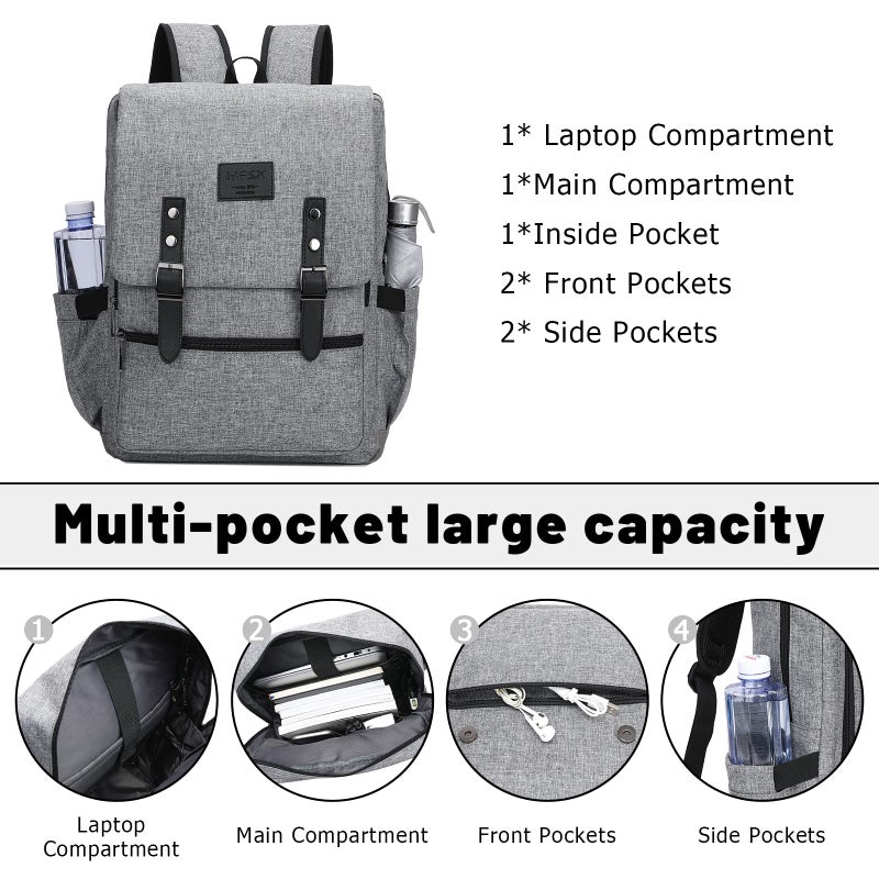 HFSX Vintage Backpack Anti Theft Laptop Backpack Men Women Business Travel Computer Backpack College Bookbag Stylish Water Resistant Vintage Backpack with USB Port Fits 15.6 Inch Laptop Grey - Image 4